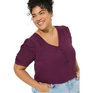 Torrid Harper Georgette V Neck Ruched Sleeve Blouse Dark Purple 4 4X 26 Top Plus